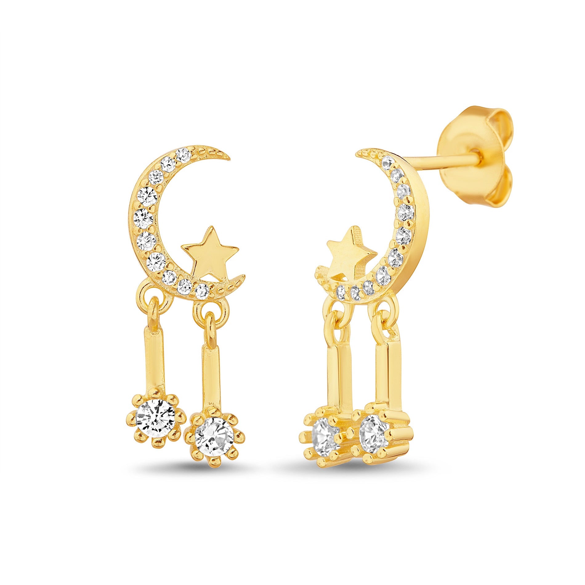 Gold CZ Crescent Star Drops